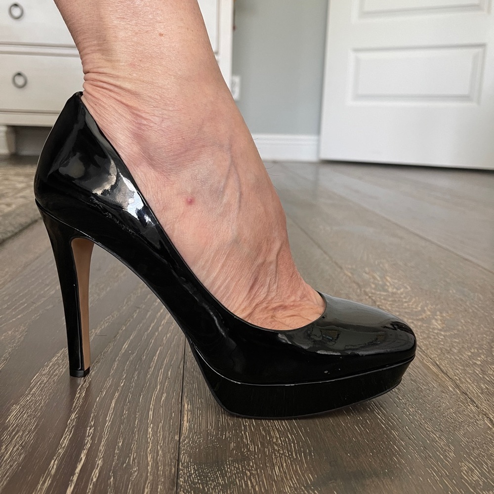 Square toe patent leather heels by Vince Camuto